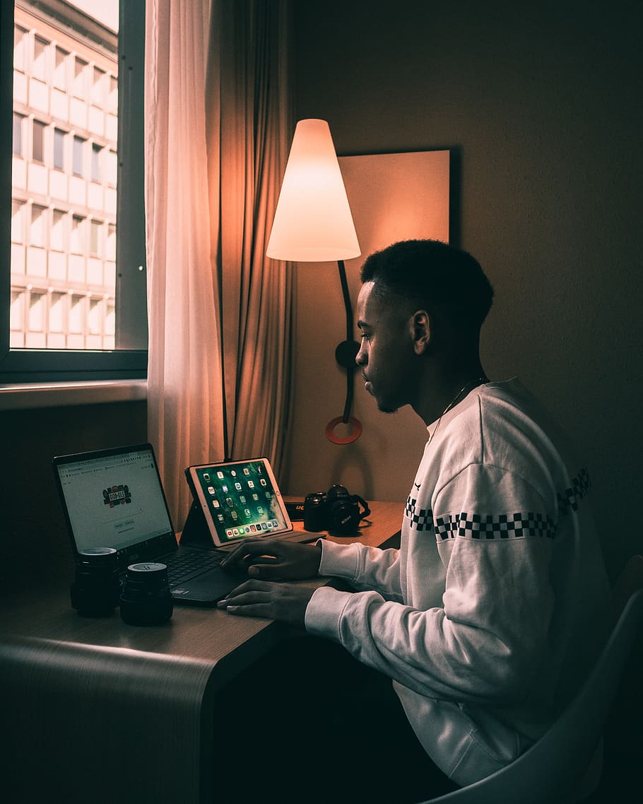 man using laptop inside room, technology, computer, wireless technology HD wallpaper