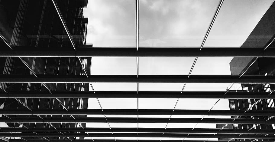 glass, building, office, reflection, grayscale, steel, symmetry HD wallpaper