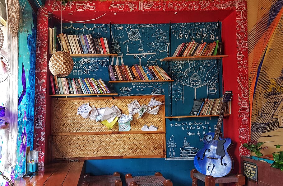 Blue Jazz Guitar Beside Desk, book shelves, books, colorful, design