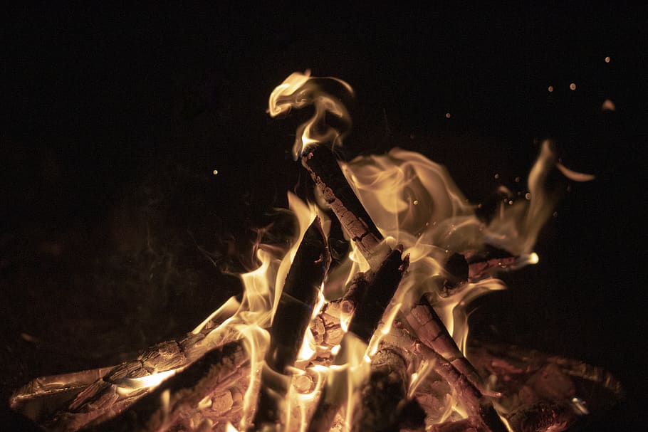 bonfire, person, human, flame, particles, night, glass, goblet, HD wallpaper