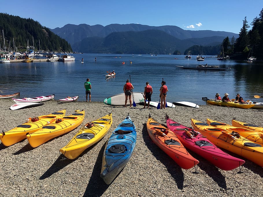 canada, vancouver, people, ocean, beach, kayak, mountains, paddlers, HD wallpaper