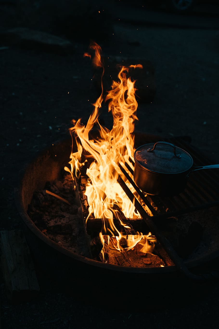sauce pan on fire, pot, grill, flame, heat, hot, camping, campfire HD wallpaper