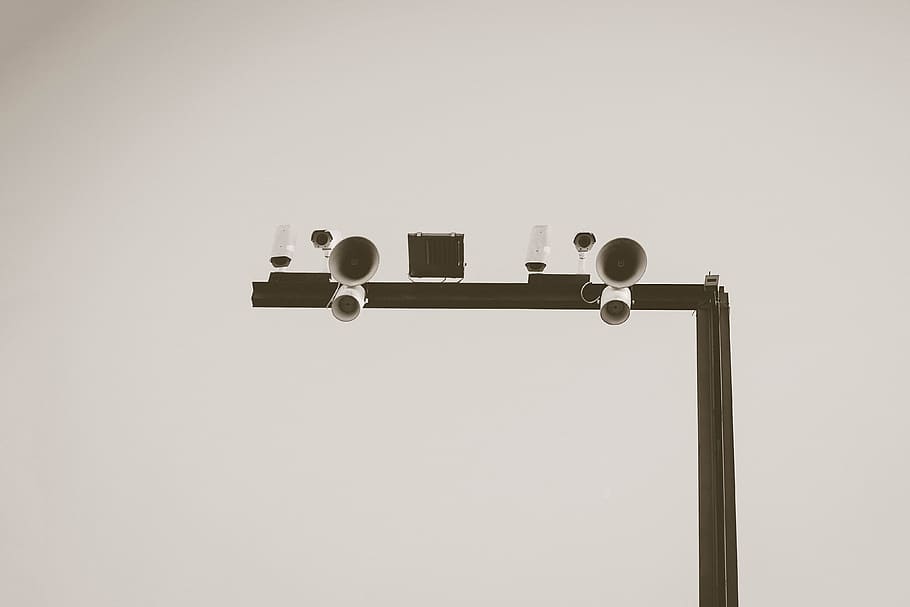 White Surveillance Cameras, black-and-white, business, CCTV, daylight, HD wallpaper