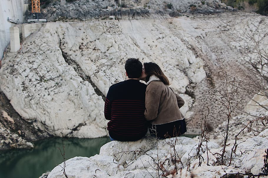 couple sitting on cliff, rear view, two people, real people, togetherness HD wallpaper