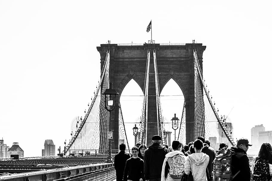 grayscale photograpy of people on bridge, human, person, building, HD wallpaper