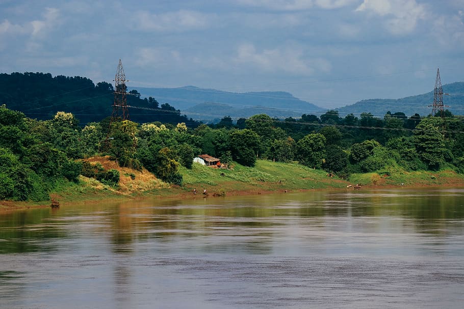 india, mandla, greenery, river, riverbank, tower, scenic, clouds HD wallpaper