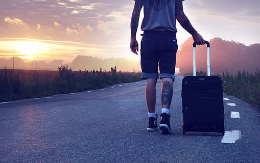 Man With Luggage on Road during Sunset, asphalt, clouds, converse all-star HD wallpaper