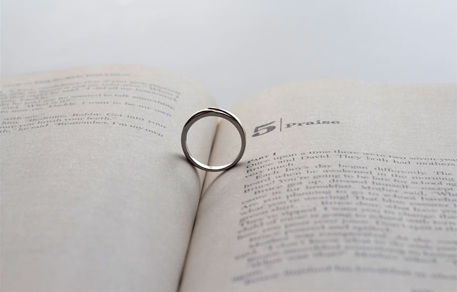 silver-colored ring on opened book, paper, wedding, wedding ring HD wallpaper