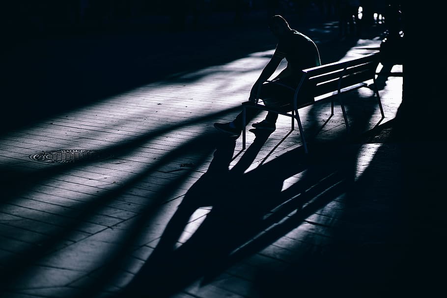 dark, bench, people, man, alone, sitting, park, waiting, shadow