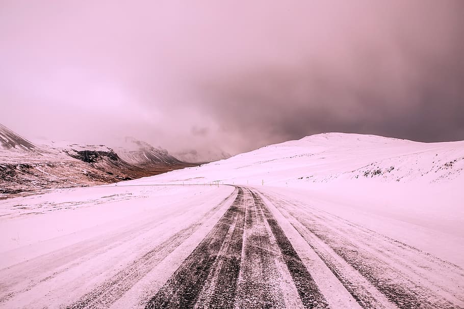iceland, winter, snow, road, travel, landscape, sunset, dusk, HD wallpaper