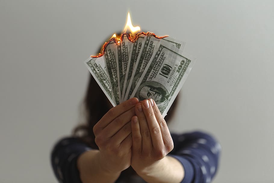 a fan of fake American dollars on fire, money, human, person