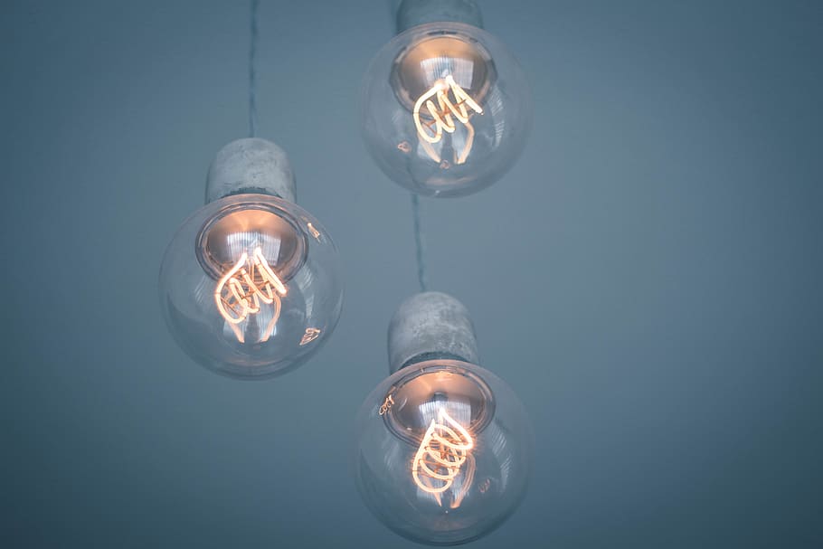 three LED pendant lamps, light bulb, electricity, illuminated HD wallpaper