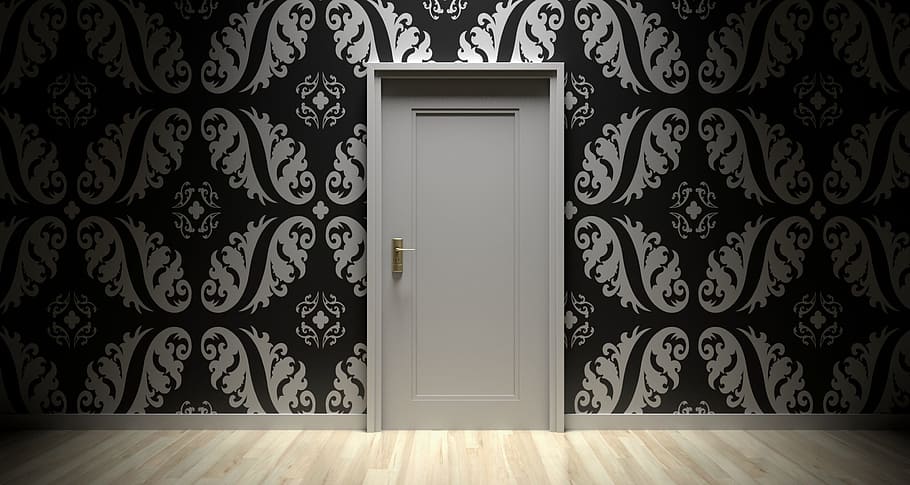 White Wooden Door, abstract, architecture, art, artistic, black and-white HD wallpaper