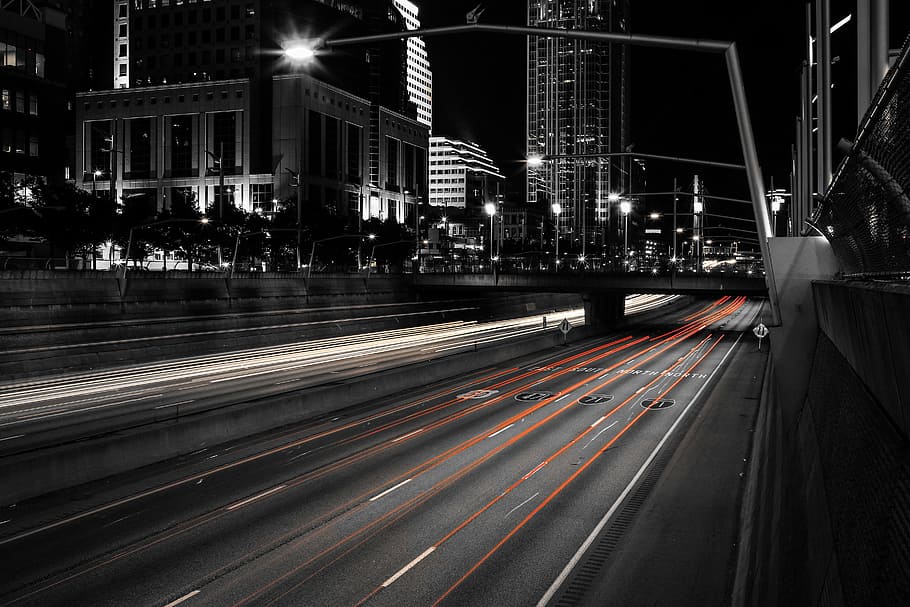 Red tail light lines, road, night, city, building, urban, street HD wallpaper