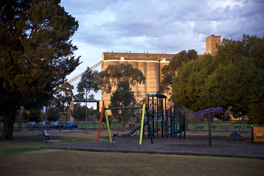 australia, sunshine, trees, grass, silos, playground, light HD wallpaper