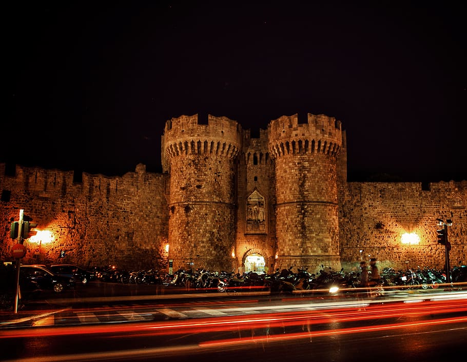greece, rhodes, lights, night, ancient, town, old, illuminated HD wallpaper