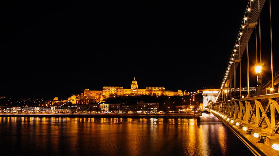 lighted bridge during nighttime, building, lighting, water, architecture HD wallpaper