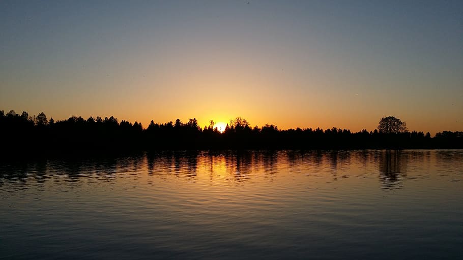 sunset, water, lake, forest, nature, sky, tranquility, reflection HD wallpaper