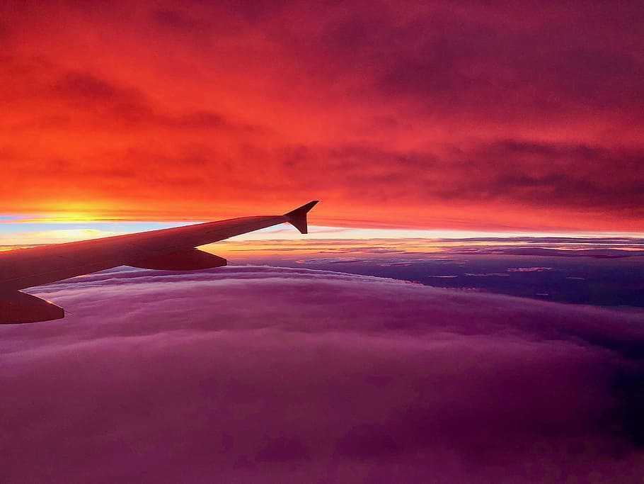 right plane wing photo of bed of clouds, sky, airplane, red, contrast HD wallpaper