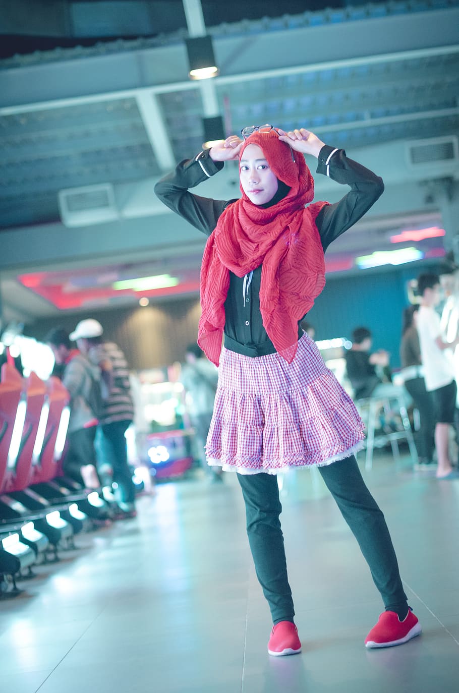 Woman in Red Head Scarf With Black Dress Shirt and Pink Skirt HD wallpaper