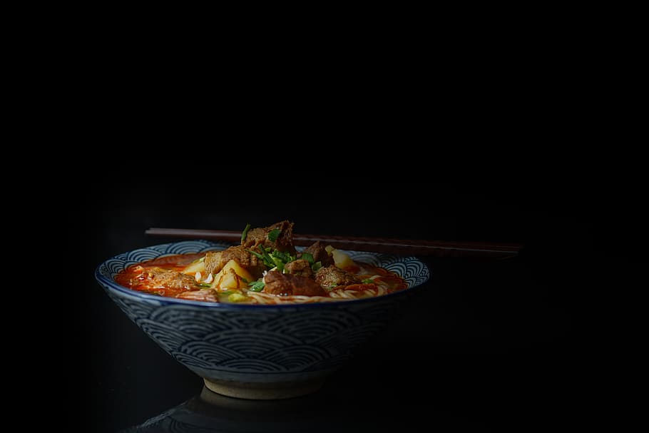 Soup Served on Bowl, asian food, black background, chopsticks