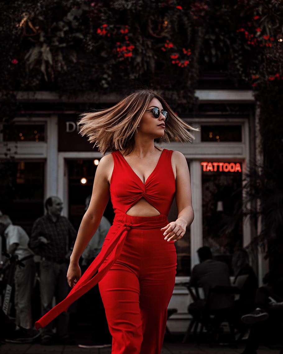 Photo of Woman in Red Outfit Walking, beautiful woman, brunette, HD wallpaper