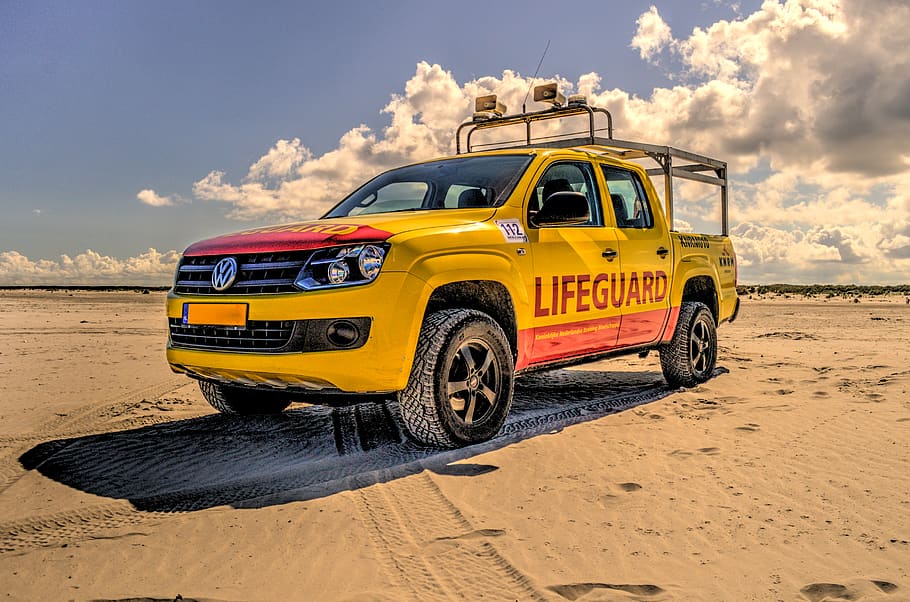 Yellow and Red Pickup Truck on Sand, beach, beach safety, blue sky HD wallpaper