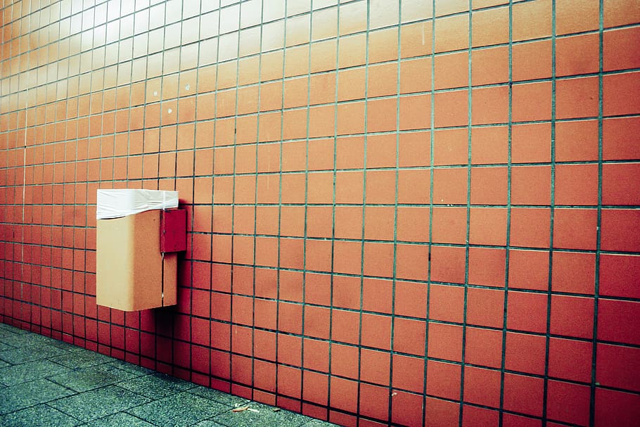 Red Tile Wall, dustbin, floor, garbage, tiles, trash can, wall - building feature HD wallpaper