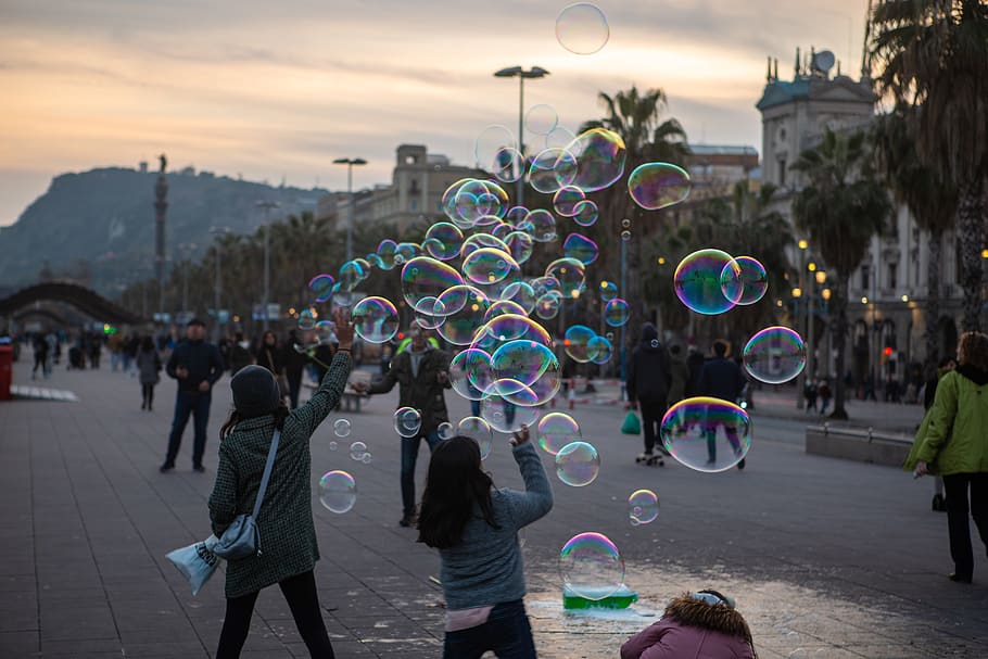 person, human, bubble, sunset, bubbles, bubble blowing, building HD wallpaper