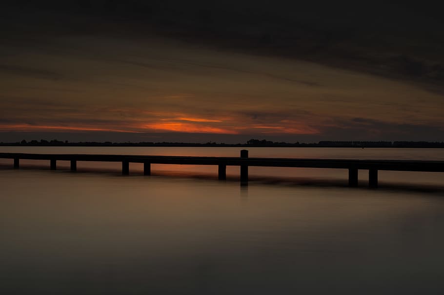 Brown Wooden Docking Pier, long-exposure, sea, sunset, sky, water HD wallpaper