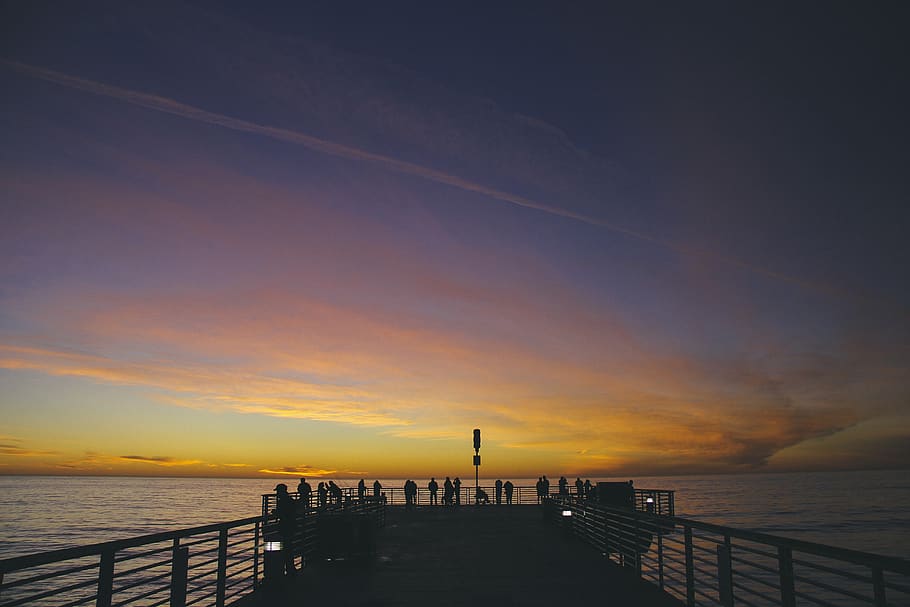purple, yellow, sky, sunset, dock, pier, people, ocean, water HD wallpaper