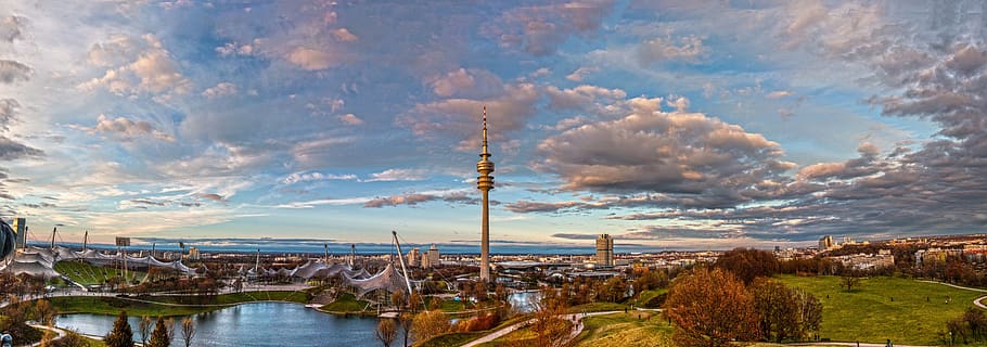 Painting of a Tower Surrounded With Buildings and Infrastructures HD wallpaper