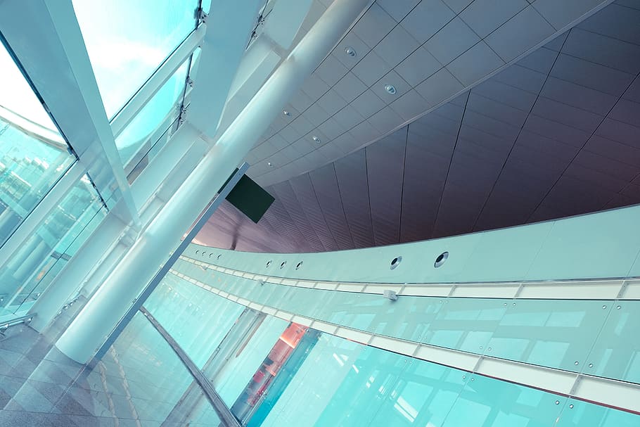 Blue and Grey Architectural Building, architecture, ceiling, glass HD wallpaper