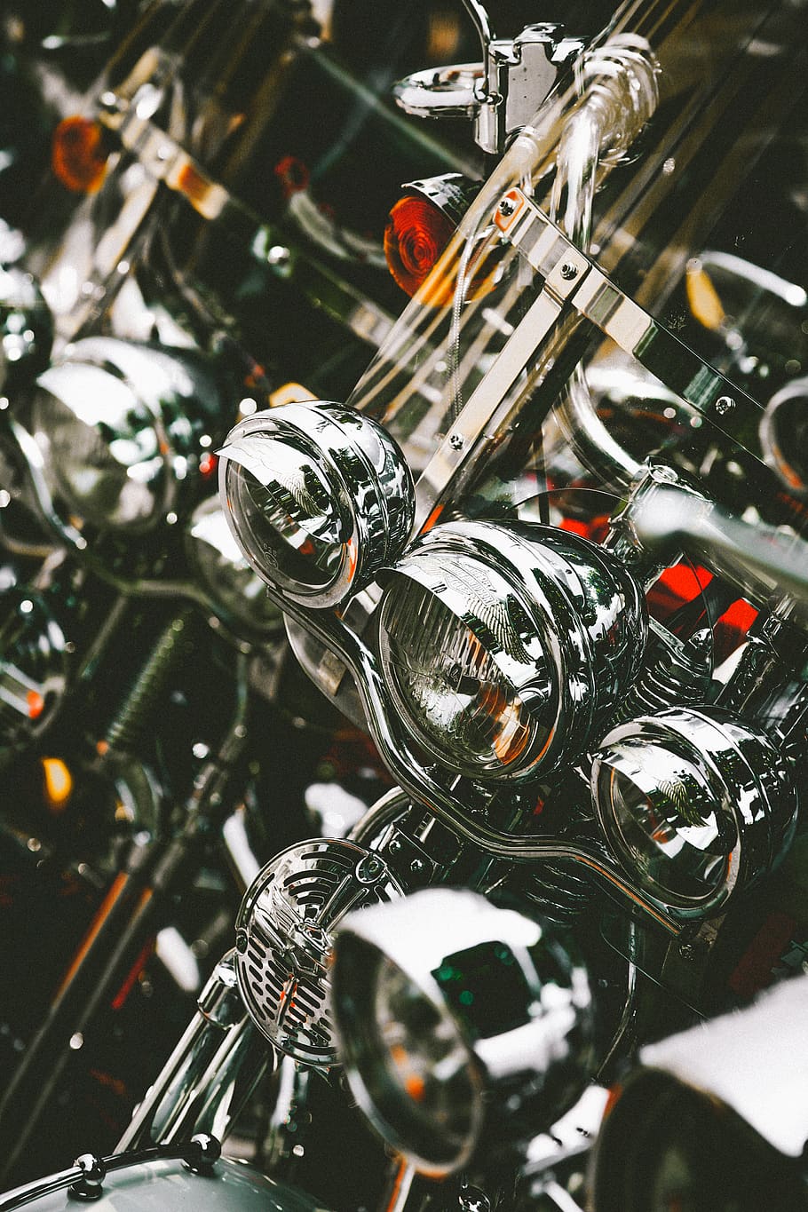 Close-Up Photo of Motorbike Headlights, blur, chopper, chrome HD wallpaper