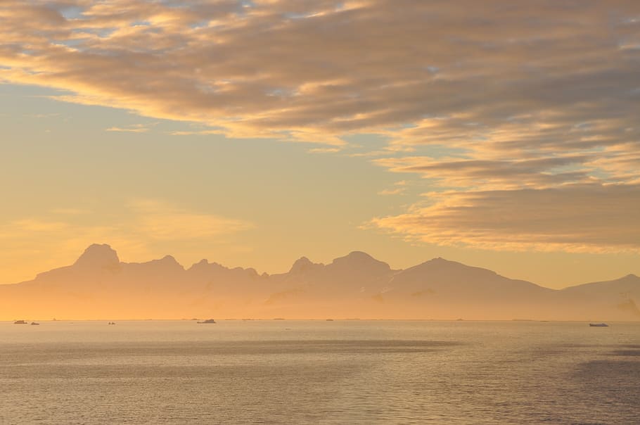 antarctica, elephant island, ocean, sunset, mountains, clouds, HD wallpaper