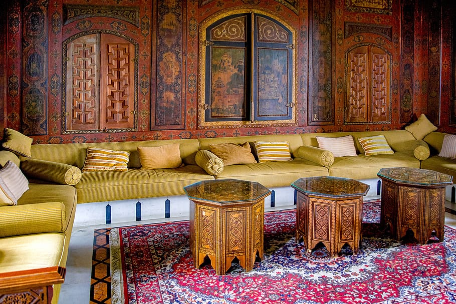 living room, oriental, palace, sofa, bench, cushion, painting, HD wallpaper