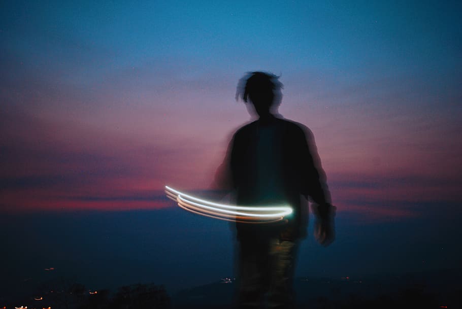 man playing sparkler, one person, sky, sunset, night, sea, scenics - nature HD wallpaper