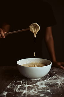 person holding scoop, cake, batter, spoon, dark, mix, make, drop HD wallpaper