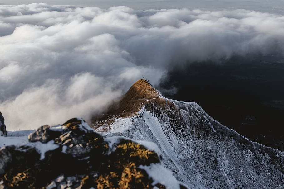 snow covered mountain under grey clouds, beauty in nature, scenics - nature HD wallpaper
