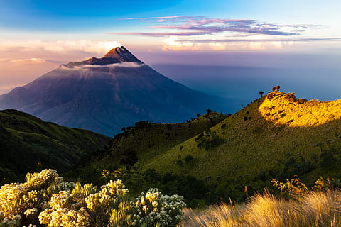 landscape, morning, mountain, volcano, java island, indonesia HD wallpaper