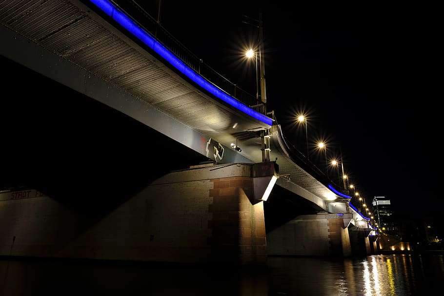 bridge, connection, away, water, mirroring, lights, night, river HD wallpaper