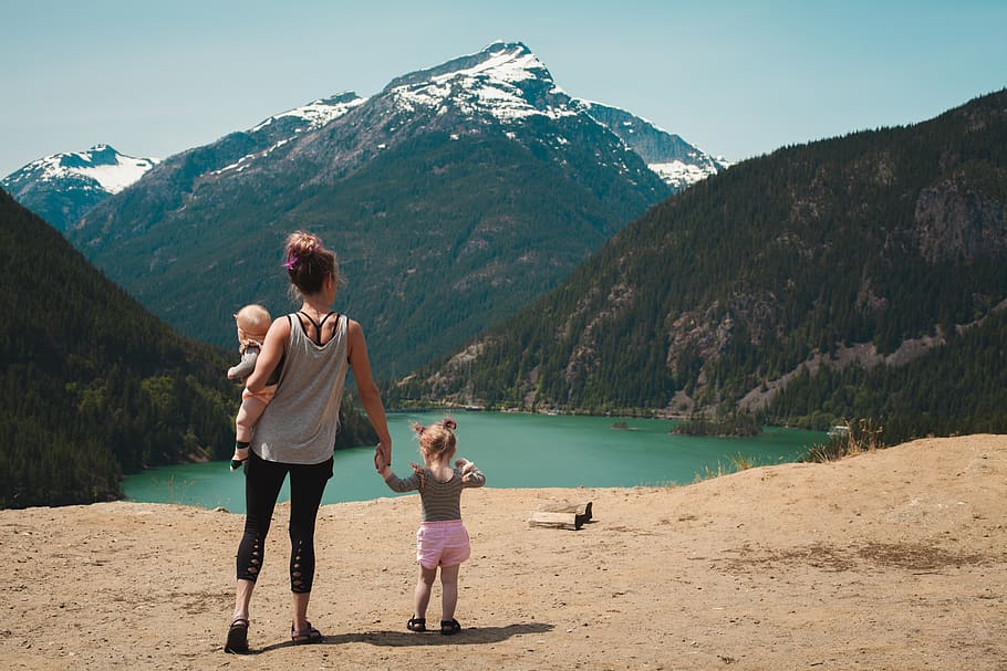Mother and Children Walks Near Body of Water, adventure, babies HD wallpaper
