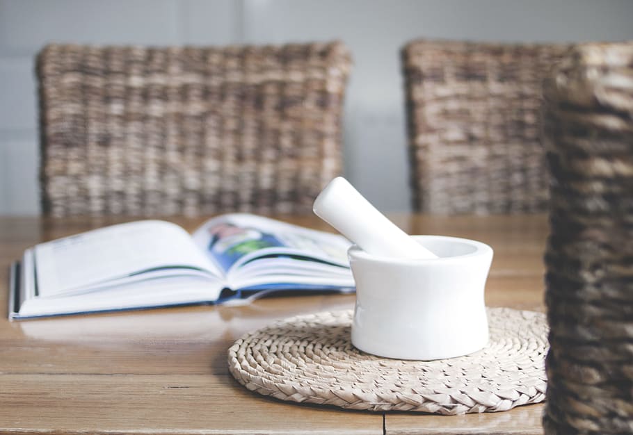 White Ceramic Mortar and Pestle Beside Book, color, container HD wallpaper