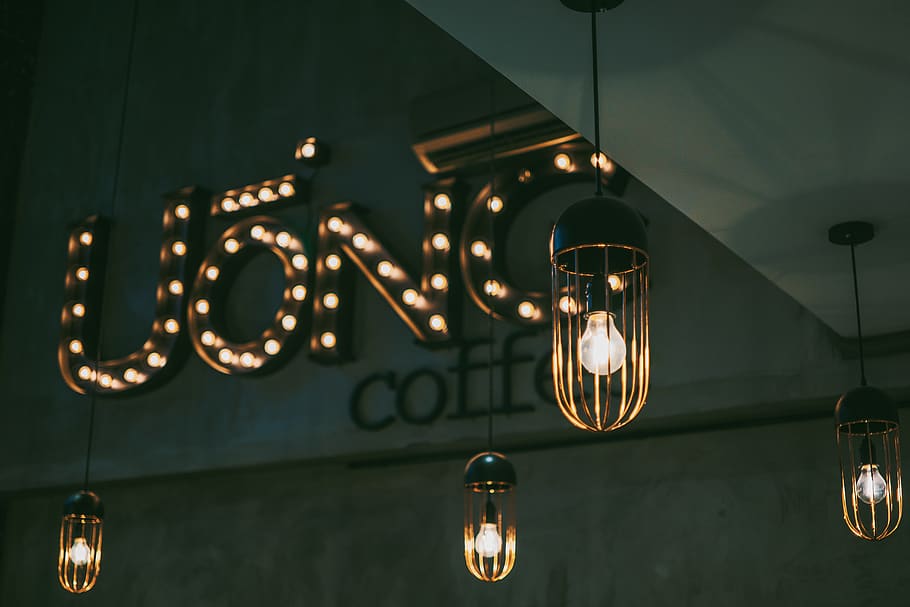 Photo of Uonc Coffee Marquee Lights Near Pendant Lamps, bar cafe, HD wallpaper