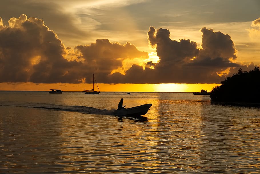 sunset, yellow, sky, boat, ocean, landscape, orange, dawn, color HD wallpaper