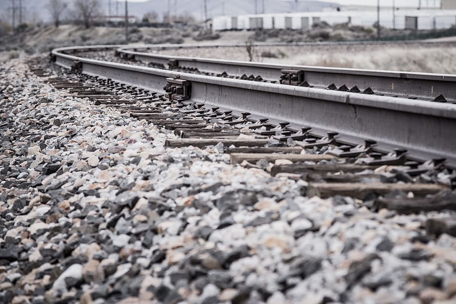 Photography of Train Railway, black-and-white, close-up, gravel