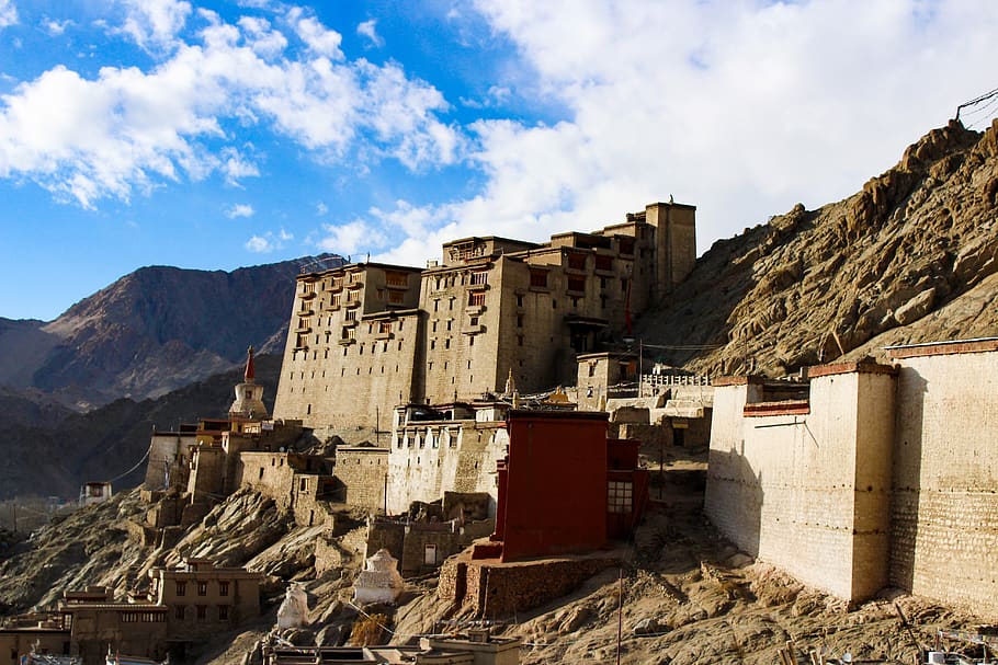 leh palace, ladakh, mountains, sky, himalaya, india, landscape