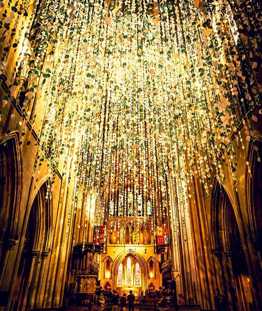 yellow string lights hangs from church ceiing, architecture, built structure HD wallpaper