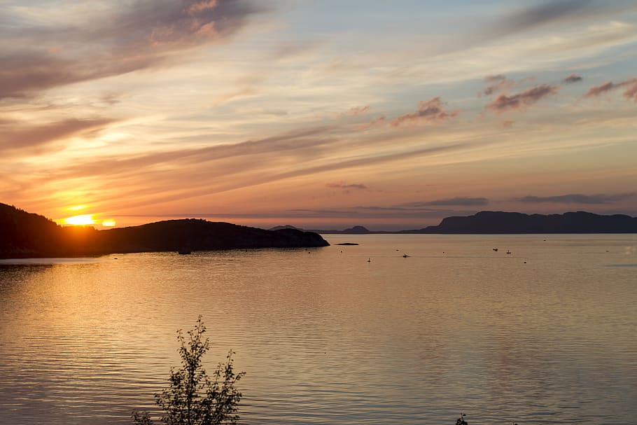 sunset, trøndelag, norway, coast, horizon, water, sea, isle, HD wallpaper