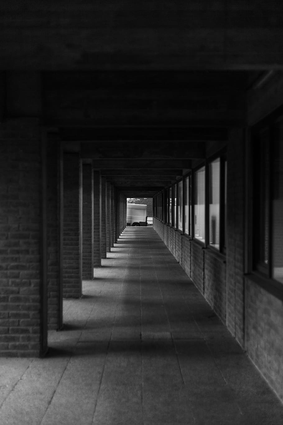 Grayscale Photography of Concrete Hallway, architecture, black and white HD wallpaper